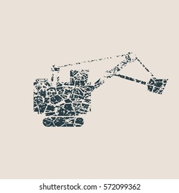 Flat big excavator. Grunge Style Abstract icon. Vector Illustration.