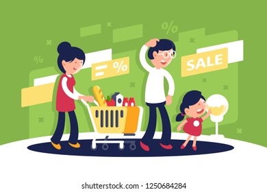 Flat big family with mother, father and child, daughter at mall. Concept buying products, store sale, family leisure, holiday. Vector illustration.