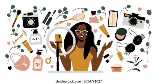 Flat big icons set with female fashion blogger recording video on her smartphone and images of beauty products cosmetics accessories isolated vector illustration