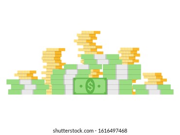 Flat big money concept with dollar banknotes and stacks of gold coins. Isolated vector illustration