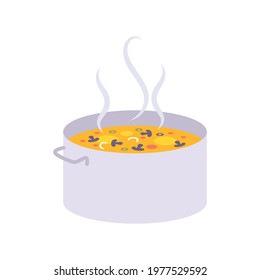 Flat big pan with hot mushroom soup on white background vector illustration