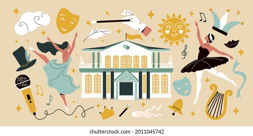 Flat Big Set With Two Female Ballet Dancers Theatre Building And Various Theatrical Props And Equipment Isolated On Color Background Vector Illustration