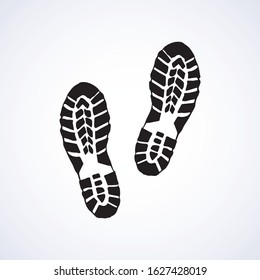 Flat big shoeprint leg touch stamp set on white muddy dust backdrop. Line black ink hand drawn bootprint logotype pictogram insignia badge Retro art contour engrave style. Detail view snow text space