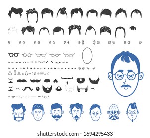 Flat big vector set, constructor male avatars, mustache and glasses different faces linear style
