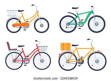 Flat bikes, bicycle for delivery product. Vehicles with basket, box for food shipping. Ordering meal. Container for hot products distribution. Package transportation service vector isolated set