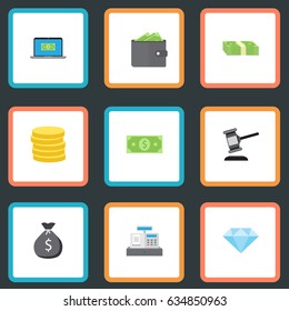 Flat Billfold, Jewel Gem, Finance Sack And Other Vector Elements. Set Of Business Flat Symbols Also Includes Jewel, Sack, Change Objects.