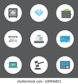 Flat Billfold, Payment, Strongbox And Other Vector Elements. Set Of Banking Flat Symbols Also Includes Jewel, Register, Safe Objects.