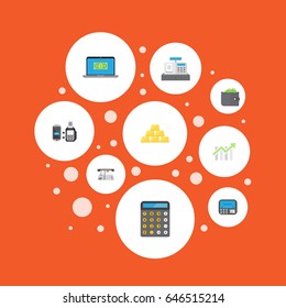 Flat Billfold, Remote Paying, Computer And Other Vector Elements. Set Of Commerce Flat Symbols Also Includes Remote, Calculator, Diagram Objects.
