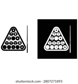 Flat billiards triangle illustration displaying arranged pool balls with monochrome icon variation, classic indoor game equipment, isolated vector graphic for sports, recreation, signage, and templates.