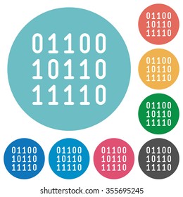 Flat Binary Code Icon Set On Round Color Background.