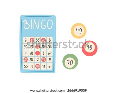 Flat bingo card with colorful counters. Cartoon style piece for family boardgame. Fun and engaging table game for players, combining activity and recreation. Bright playful concept leisure, boardgame