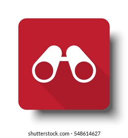 Flat Binoculars web icon on red button with drop shadow