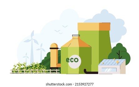 Flat biofuel production plant with cornfield plantation. Eco industrial factory. Biodiesel or biogas production energy from organic corn for biomass. Alternative power, eco renewable industry. - Shutterstock ID 2153927277