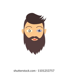 Flat bionic futuristic mechanical prosthesis concept icon. Young hipster bearded man character with iron robotic eye. Isolated illustration on a white background.