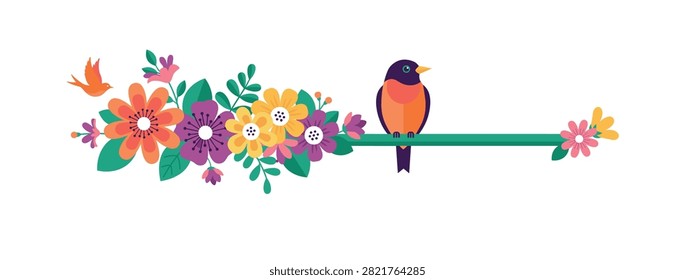 Flat of a bird perched on a floral branch flowers leaves
