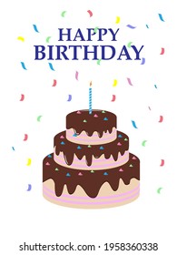 flat birthday cake design, happy birthday greeting card with cute cake and candles on white background