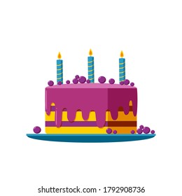 Flat birthday cake on bright blue plate. Cream cake with candles and berries for a party ot celebration. Vector illustration isolated in white background