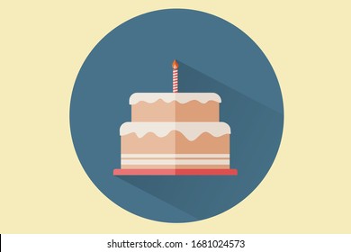 Flat birthday cake with one candle in a blue circle and isolated on background. Icon for birthday and celebration concept. Vector illustration in trendy flat and linear style