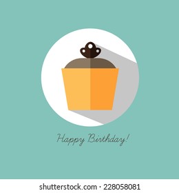 Flat birthday card with cupcake. Vector illustration.