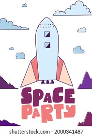 Flat birthday card. Vector flat cartoon illustration. Galaxy background.