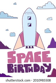 Tarjeta de cumpleaños plana. Ilustración de dibujos animados planos vectores. Fondo galáctico.