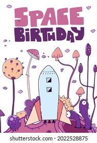 Flat birthday card. Vector flat cartoon illustration. Galaxy background.