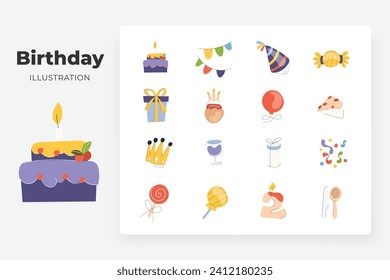 conjunto de ilustraciones de elementos de cumpleaños plano