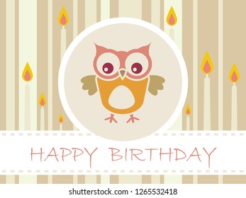 Flat Birthday party card with cute owls  and candles - Vector Illustration