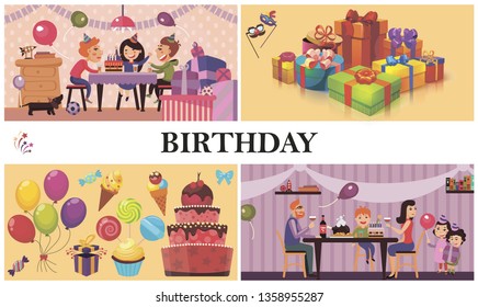 Flat birthday party concept with present boxes colorful balloons lollipops cake candies ice cream family celebrating birthday vector illustration