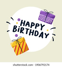 Flat birthday party label, present Vector with happy birthday text.