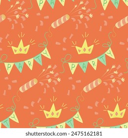 Flat birthday seamless pattern with crown and garland in yellow and orange colors. Vector flat holiday illustration for birthday party. Perfect for wrapping, wallpaper, kids textile, background