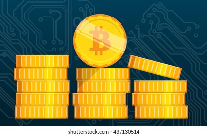 Flat bitcoin mining equipment. Golden coin with bitcoin symbol in computer concept.