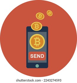 Flaches Bitcoin in Mobile Sending Coin Vectordesign Illustration