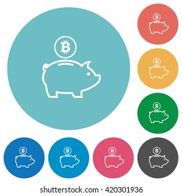 Flat bitcoin piggy bank icon set on round color background.