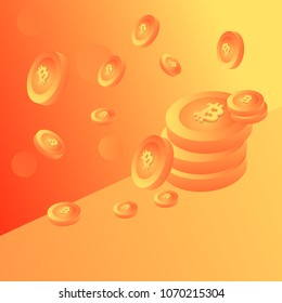 Flat Bitcoins Stack and Falling & Flying Illustration