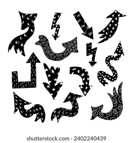 Flat black arrows collection with different ink textures. Vector isolated signs with white scribbles, arrows, circles, stars, curves on white background. Collection of vector hand drawn pointer signs.