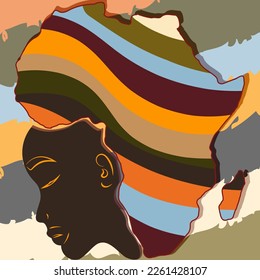 Día de conciencia negro plano. Concepto de mujer africana, silueta de perfil facial con turbante en forma de mapa de África. Colorida plantilla de diseño de logotipo tribal impreso Afro. Ilustración del vector
