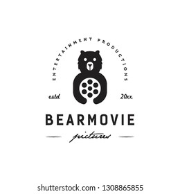 flat black bear hold movie roll cinema logo icon vector template