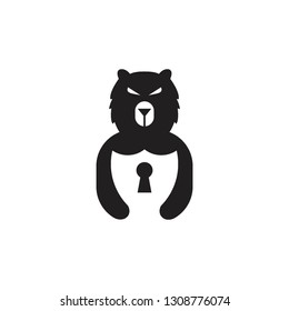 flat black bear hold shield with key hole logo icon vector template