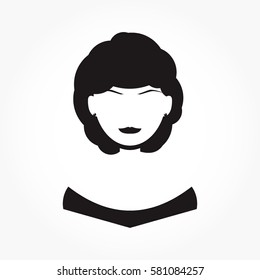 flat black beautiful girl or pretty woman icon with lips, sharp eyebrows, hair, wearing dress and sparkling pearls earrings on her ears