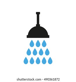 Flat black and blue shower icon with water drops - vector illustration.