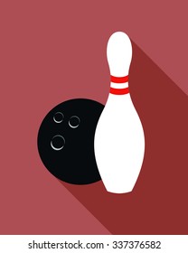 Flat black bowling ball and white pin on marsala background. Vector pattern.
