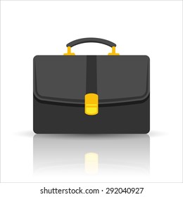 Flat Black business Briefcase with reflection isolated on white beckground. Vector illustration. Suite case, school case.