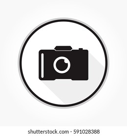 flat black camera icon on white circle with black frame and shadow effect