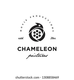 flat black chameleon and movie roll movie cinema logo icon vector template