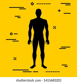 Flat black characterizing male silhouette for normal weight stage of body mass index on yellow background