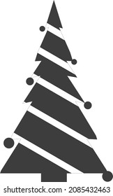 Flat black Christmas tree with balloon decorations. New Year's attribute of the holiday. Vector image isolated on a white background.