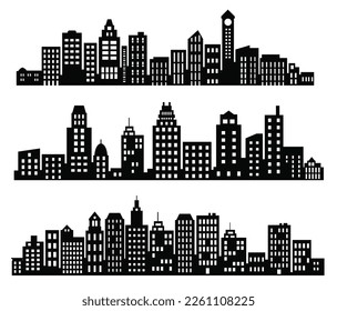 Paisaje urbano negro plano Edificios de la ciudad de Silhouette conjunto moderno