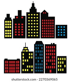 Flat Black Cityscape Silhouette city buildings set Modern Urban