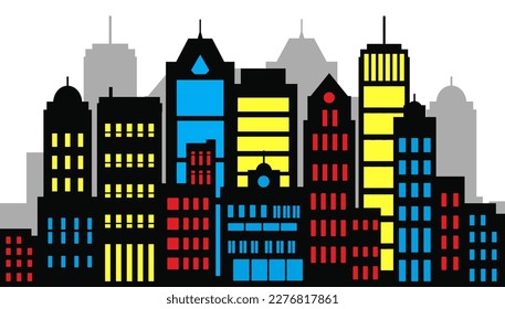 Flat Black Cityscape Silhouette city buildings set Modern Urban